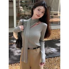 批发大码胖MM灰色飘带内搭长袖针织衫女2025新款早秋季显瘦打底衫上衣