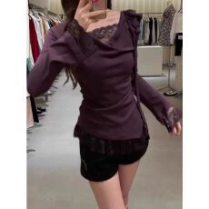 批发大码胖MM纯欲风蕾丝拼接长袖t恤女秋季设计感修身显瘦打底衫上衣
