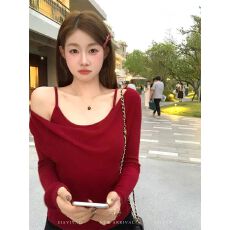 批发大码胖MM圣诞恋人气质韩系长袖t恤女<b class='q'>秋</b>季吊带上衣荡领显瘦两件套