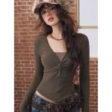 批发大码胖MM设计感扭结V领长袖打底衫女秋冬季修身显瘦百搭正肩上衣