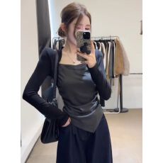 批发大码胖mm设计感方领假两件长袖T恤女<b class='q'>秋</b>冬修身不规则显瘦辣妹上衣