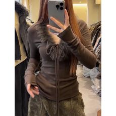 批发纯欲风V领系带毛领内搭<b class='q'>打底衫</b>女秋冬季修身收腰磨毛保暖长袖上衣