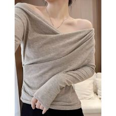 批发大码胖mm秋<b class='q'>冬</b>新款一字领交叉设计感针织衫女修身显瘦打底套头上衣