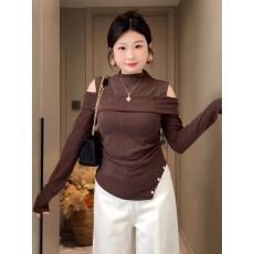 批发大码韩系减龄露肩开叉长袖针织衫女秋<b class='q'>冬</b>胖mm显瘦掐腰打底内搭上衣