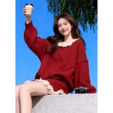 批发冬季穿搭一整套<b class='q'>大码</b>胖mm木耳针织毛衣半身短裙独特绝美红色套装女