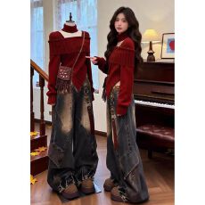 批发大码设计感不规则咖色<b class='q'>毛衣</b>女秋冬季小香风围脖方领针织衫收腰上衣