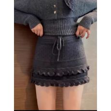 批发大码胖mm复古棕色针织<b class='q'>半身裙</b>女冬季系带<b class='q'>荷叶边</b>A字咖色包臀短裙子