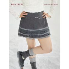 批发大码夜雾灰花边短裙女秋<b class='q'>冬</b>甜美元气蕾丝细闪胖mm半身裙