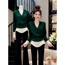 批发绿色拼接收腰V领针织衫女秋冬大码胖mm气质<b class='q'>休闲</b>好看内搭毛衣上衣