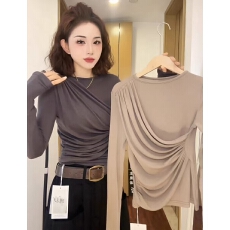批发大码胖MM韩版气质褶皱长袖T恤女秋冬设计感收腰圆领修身打底上衣