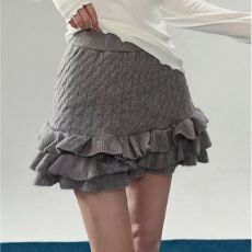 批发大码爆款灰色毛呢加厚木耳边针织半身裙女秋<b class='q'>冬</b>季高腰A字蛋糕短裙