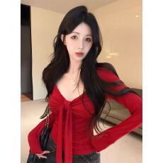 批发大码胖mm辣妹风方领蝴蝶结褶皱长袖T恤女秋冬内搭红色显瘦打底衫