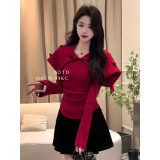 批发2025新款红色斗篷披肩式修身针织毛衣女<b class='q'>春</b>秋季内搭收腰上衣高级感