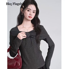 批发微胖大码女装胖mm灰色一字肩针织长袖T恤女秋冬季打底上衣