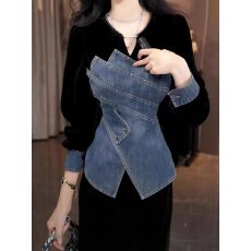 批发2025秋季网红新款丝绒<b class='q'>套装</b>女高级感气质牛仔拼接显瘦上衣