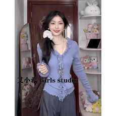 批发荷叶边毛衣开衫女<b class='q'>春</b>季气质修身设计感长袖