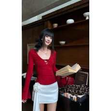 批发大码胖妹妹性感辣妹风扭结V领长袖T恤秋冬新款高级感气质红色上衣