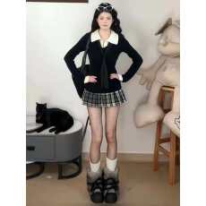 批发大码胖妹妹韩系复古拼接假两件针织衫上衣<b class='q'>女</b>秋冬格纹<b class='q'>半身裙</b>两件套