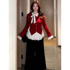 批发大码胖MM圣诞红色氛围感假两件波点荷叶边针织衫冬季内搭打底上衣