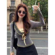 批发大码胖MM美式V领长袖上衣女冬假两件木耳边系带修身显瘦百搭内搭