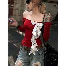 批发法式高级感红色一字肩波点飘带长袖<b class='q'>T</b><b class='q'>恤</b>女2025冬辣妹修身显瘦上衣