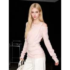 批发纯欲斜领褶皱长袖<b class='q'>T</b><b class='q'>恤</b>女秋季收腰显瘦设计感露肩打底衫针织上衣