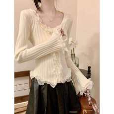 批发纯欲风蕾丝木耳边打底针织衫女秋冬韩系气质<b class='q'>修身</b>显瘦内搭长袖上衣