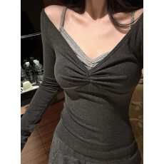 批发大码胖mm性感V领抽褶长袖打底衫女秋冬季新款修身显瘦假两件上衣