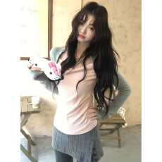 批发大码韩系假两件长袖T恤女秋冬季纯欲风叠穿修身显瘦打底衫上衣潮