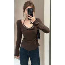 批发大码女装豹纹挂脖假两件长袖针织衫冬季胖mm显瘦掐腰内搭打底上衣