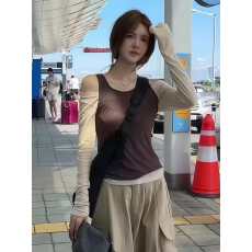 批发大码辣妹风撞色叠穿背心一字领长袖T恤女秋季胖mm气质上衣两件套