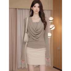 批发大码胖MM轻熟简约风荡领长袖针织T恤女秋冬季设计感通勤百搭上衣