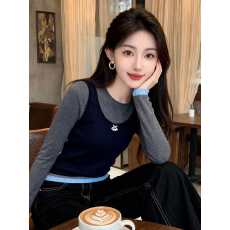 批发撞色假两件短款长袖针织衫女2026春季新款内搭高级感修身显瘦上衣