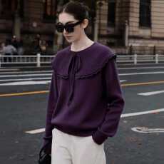 批发2025<b class='q'>冬</b>季新款设计感娃娃领系带针织衫女紫色长袖慵懒风气质毛衣潮