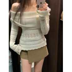 批发小众设计感长袖红色针织衫毛衣女<b class='q'>冬</b>季性感露肩白色镂空一字肩上衣