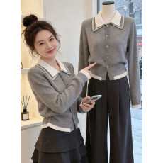 批发翻领假两件灰色针织衫毛衣2026春季新款韩系女装短款独特漂亮上衣