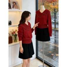 批发大码慵懒复古风娃娃领红色毛衣女秋<b class='q'>冬</b>胖MM钉珠设计感显瘦长袖上衣