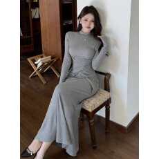 批发灰色半高领包臀内搭连衣裙女2026<b class='q'>春</b>季新款鱼尾长裙