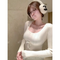 批发粉色奶呼呼软糯纯欲u领长袖针织衫女秋季绑带修身内搭韩系上衣白