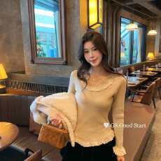 批发蕾丝拼接长袖针织衫女秋冬高级感别致漂亮修身显瘦套头毛衣打底衫