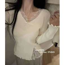 批发纯欲甜美风蕾丝花边拼接领蝴蝶结针织衫女秋冬收腰开衩毛衣打底衫