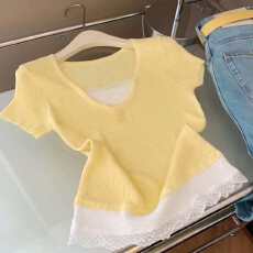 批发韩系小清新假两件拼接蕾丝花边短袖t恤女夏季修身显瘦针织衫上衣