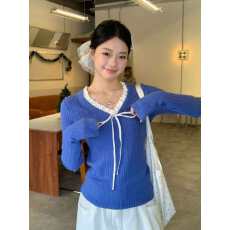 批发克莱因蓝拼波点v领长袖针织衫女春<b class='q'>秋</b>内搭慵懒风假两件打底衫上衣