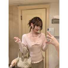 批发蝴蝶结蕾丝v领打底衣针织衫女<b class='q'>秋</b>冬季皮草收腰可外穿毛衣修身上衣