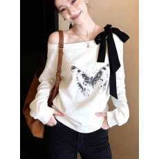 批发韩系chic小个子时尚洋气上衣时尚减龄独特漂亮白色斜肩卫衣女春季