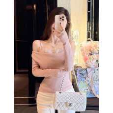 批发粉色纯欲风一字肩挂脖上衣女<b class='q'>秋</b>冬蕾丝花边针织毛衣