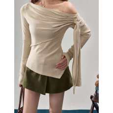 批发设计感不对称荡领长袖打底衫女秋<b class='q'>冬</b>季褶皱围裹式百搭显瘦长袖上衣