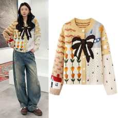 批发针织开衫2026春季新款减龄趣味撞色提花圆领显瘦蝴蝶结毛衣外套女