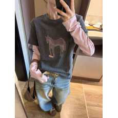 批发大码女装韩版小马印花假两件上衣秋<b class='q'>冬</b>黑色长袖t恤磨毛内搭打底衫