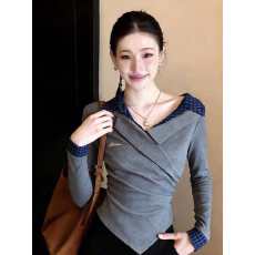 批发复古格纹翻领拼接假两件打底衫女内搭早春独特不规则掐腰长袖上衣